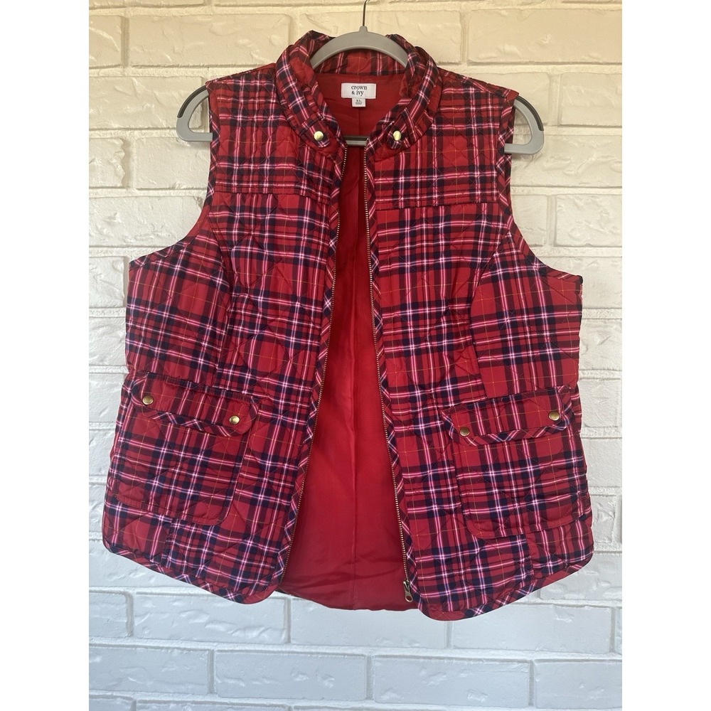 Crown And Ivy XL Quilted Red Plaid Vest Cozy Cabin Core Winter Staple - Picture 9 of 12